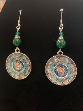 Boho Mandala Dangle Earrings with Green Bead B41